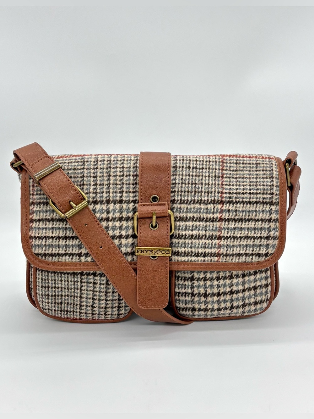Frye & Co Houndstooth Plaid Shoulder Bag Brown Purse Academia Equestrian Preppy